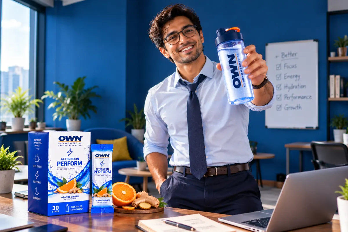 A smiling professional at his desk raising an OWN Chrono bottle beside the Afternoon Perform carton and stick, with orange and ginger