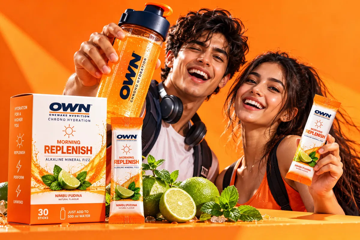 A young couple laughing with an orange OWN Chrono bottle and the Morning Replenish carton and stick, with limes and mint