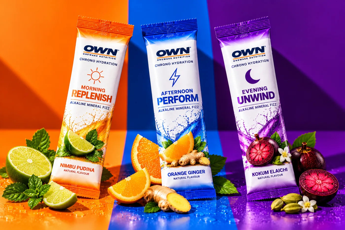 Three OWN Chrono Hydration sticks, Morning Replenish, Afternoon Perform and Evening Unwind, on orange, blue and purple colour blocks with lime, orange, ginger and kokum